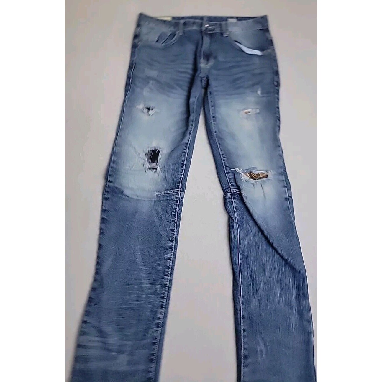 Smoke Rise Jeans Mens 32x32 Straight Distressed Plaid Mid Rise Dark Blue Stretch